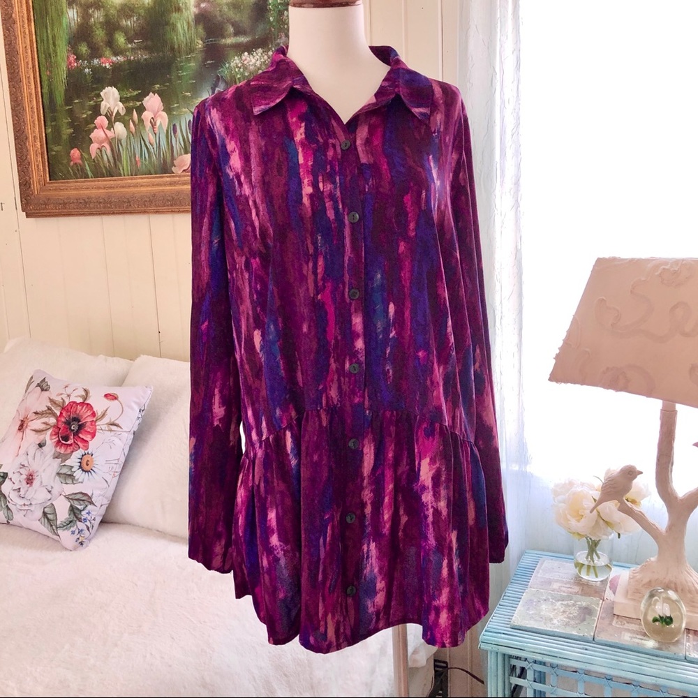 LOGO Lori Goldstein Purple Watercolor Peplum Top